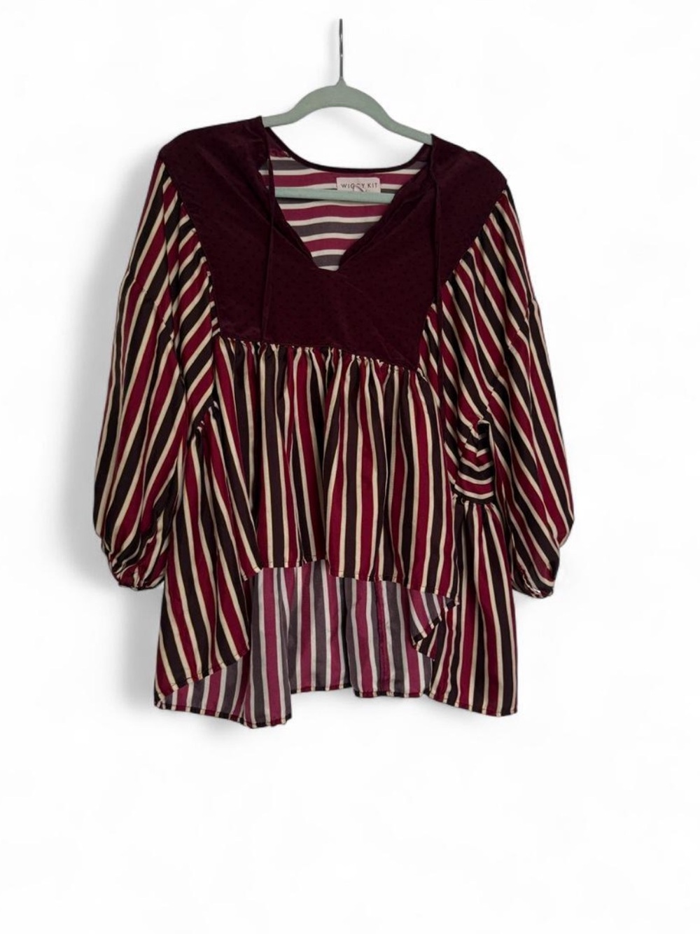 Wiggy Kit Silk  Striped Peasant Top in Burgundy
